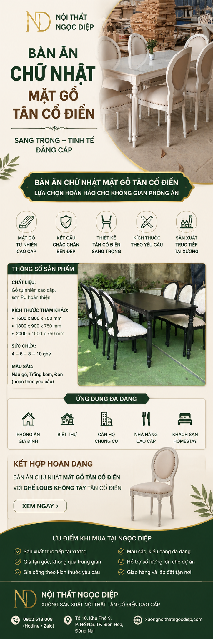 Bàn Ăn Chữ Nhật Mặt Gỗ Tân Cổ Điển