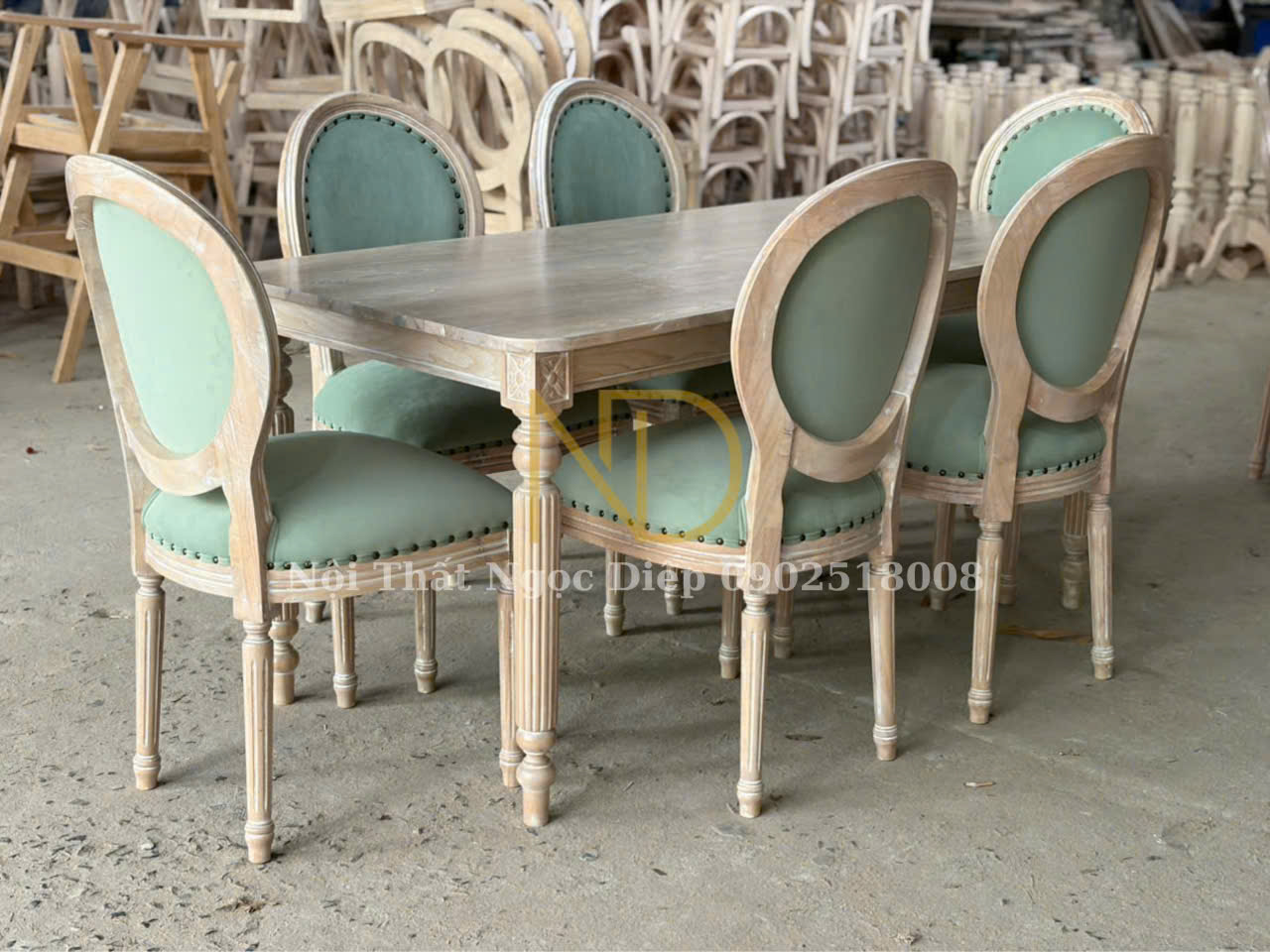 Bàn Ăn Chữ Nhật Mặt Gỗ Tân Cổ Điển